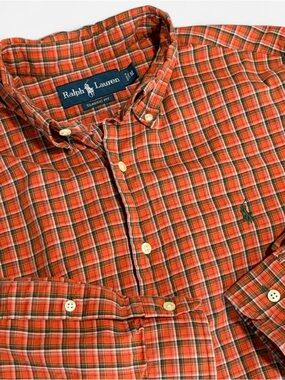 Ralph Lauren Mens Medium Orange Plaid Button Down Classic Fit Pony